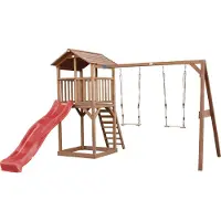Axi Beach Tower Aire De Jeux Avec Toboggan En Rouge, 2 Balançoires & Bac À Sable | Grande Maison Enfant Extérieur En Marron | Cabane De Jeu En Bois