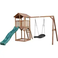 Axi Beach Tower Aire De Jeux Avec Toboggan En Vert, Balançoire Nid D'Oiseau Noir & Bac À Sable | Grande Maison Enfant Extérieur En Marron | Cabane De