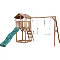 Axi Beach Tower Aire De Jeux Avec Toboggan En Vert, 2 Balançoires & Bac À Sable | Grande Maison Enfant Extérieur En Marron | Cabane De Jeu En Bois