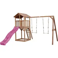 Axi Beach Tower Aire De Jeux Avec Toboggan En Violet, 2 Balançoires & Bac À Sable | Grande Maison Enfant Extérieur En Marron | Cabane De Jeu En Bois