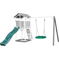 Axi Beach Tower Tour de jeux en bois en blanc & gris | Maison de jeux pour enfants avec toboggan vert, balançoire nid d'abeille et bac à sable | Maison sur pilotis pour le jardin