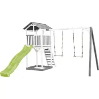 Axi Beach Tower Aire De Jeux Avec Toboggan En Vert Clair, 2 Balançoires & Bac À Sable | Grande Maison Enfant Extérieur En Gris & Blanc | Cabane De
