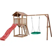 Axi Beach Tower Aire De Jeux Avec Toboggan En Rouge, Balançoire Nid D'Oiseau Vert & Bac À Sable | Grande Maison Enfant Extérieur En Marron | Cabane