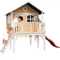 Axi Sophie Maison Enfant Avec Toboggan Rouge | Aire De Jeux Pour L'Extérieur En Marron & Blanche | Maisonnette / Cabane De Jeu En Bois