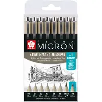 Sakura Etui De 6 Feutres Pigma Micron Noir + 1 Feutre Brush