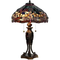 Clayre & Eef Lampe de table Tiffany Ø 42x64 cm Bleu Marron Verre Libellule