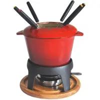 Baumalu Baumalu, Service à Fondue en Fonte Émaillée Rouge Dégradé, 21 x 21 x 21 cm, pour 6 personnes, avec Plateau en Bois, Idéal pour vos Repas en Famille ou entre Amis