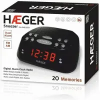 Haeger Snooze - Radio-réveil numérique - Snoozer/fonction sommeil, double alarme, 20 stations préréglées (10 FM / 10 Am), écran LED rouge pour une lecture facile.