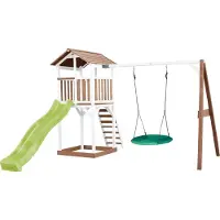 Axi Beach Tower Aire De Jeux Avec Toboggan En Vert Clair, Balançoire Nid D'Oiseau Vert & Bac À Sable | Grande Maison Enfant Extérieur En Marron &