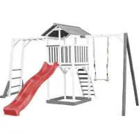 Axi Beach Tower Aire De Jeux Avec Toboggan En Rouge, Cadre D'Escalade, Balançoire & Bac À Sable | Grande Maison Enfant Extérieur En Gris & Blanc |