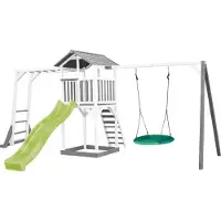Axi Beach Tower Tour de jeux en bois en blanc & gris | Maison de jeux pour enfants avec toboggan vert clair, portique d'escalade, balançoire nid d'abeille et bac à sable |
