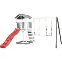 Axi Beach Tower Aire De Jeux Avec Toboggan En Rouge, 2 Balançoires & Bac À Sable | Grande Maison Enfant Extérieur En Gris & Blanc | Cabane De Jeu En