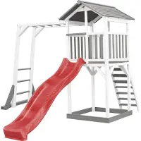 Axi Beach Tower Aire De Jeux Avec Toboggan En Rouge, Cadre D'Escalade & Bac À Sable | Grande Maison Enfant Extérieur En Gris & Blanc | Cabane De Jeu