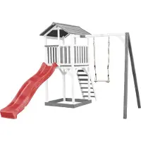 Axi Beach Tower Tour de jeux en bois en blanc & gris | Maison de jeux pour enfants avec toboggan rouge, balançoire et bac à sable | Maison sur pilotis pour le jardin