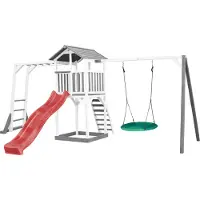 Axi Beach Tower Tour de jeux en bois blanc & gris | Maison de jeux pour enfants avec toboggan rouge, portique d'escalade, balançoire nid d'abeille et bac à sable | Maison sur pilotis