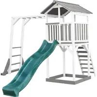 Axi Beach Tower Aire De Jeux Avec Toboggan En Vert, Cadre D'Escalade & Bac À Sable | Grande Maison Enfant Extérieur En Gris & Blanc | Cabane De Jeu