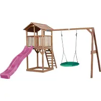 Axi Beach Tower Aire De Jeux Avec Toboggan En Violet, Balançoire Nid D'Oiseau Vert & Bac À Sable | Grande Maison Enfant Extérieur En Marron | Cabane