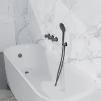 FortiFura Nebbio Ensemble combiné bain - mitigeur thermostatique - coude mural avec support de douchette - flexible de douche lisse - douchette ronde - Remplissage-vidage de baignoire - PVD gunmetal