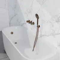 FortiFura Nebbio Ensemble robinetterie bain - mitigeur thermostatique - coude mural avec support de douchette - flexible de douche lisse - douchette ronde - Remplissage-vidage de baignoire - cuivre