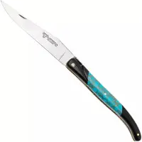 Laguiole En Aubrac Ebony, Turquoise Gold Inlay, Handcarved Brass Plates, couteau de poche, 12 cm