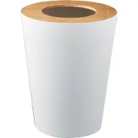 Yamazaki Petite poubelle , 28 cm, avec couvercle astucieux en bois, blanche et ronde