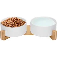 S.old Gamelle chien - abreuvoir - avec support en bambou - 2x 800 ml - taille M - blanc mat