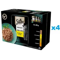 Sheba Delicacy Poultry Flavour Sachets 48x85g aliment complet humide pour chats adultes en morceaux gélifiés avec : canard, poulet, volaille, dinde