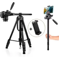 MOJOGEAR 179cm 2-IN-1 Tripod w/ Horizontal Arm And Telefoo (Métal), Trépied, Noir