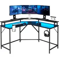 VDD Gaming Bureau d'angle - bureau gaming - bureau en L - ports USB et USB-C et prise d'alimentation intégrés dans le plateau - éclairage LED - plateau de 130 x 130 x 50 cm