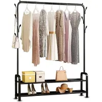 Vonia Rack à vêtements 152 x 34 x 102 cm - Rack à vêtements avec porte-chaussures - Rack à vêtements en métal - Rack de penderie - Noir