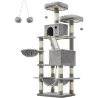 Feandrea Arbre À Chat, Grande Tour De Jeux, Hauteur 168 Cm, Avec 13 Griffoirs, 1 Planche À Griffer, 2 Plate-Forme, 2 Niches, Gris Clair