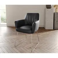 DELIFE Chaise-de-salle-à-manger Xana-Flex avec accoudoirs cuir de vache noir pied trapèze acier inoxydable brossé ressorts ensachés