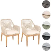 Mendler Set De 2 Chaises De Jardin Hwc-H56b, Fauteuil Outdoor Chaise, Résistant Aux Intempéries Corde Tressée Rope Bois Acacia Beige Coussin Crème-Blanc