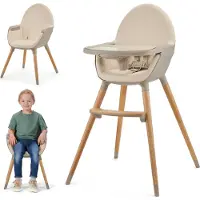 Kinderkraft FINI 2 Chaise haute 2en1 - Plateau réglable - Assise éco-cuir - Pieds en hêtre - Harnais 5 points - Pieds antidérapants - Beige