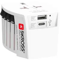 Skross 61664 World Adapter MUV USB 2x USB-A, blanc - Adaptateur compact à 2 pôles pour voyages autour du monde avec 2 ports USB intégrés