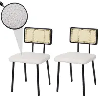 Mendler Lot de 2 chaises de salle à manger HWC-K88, fauteuil chaise, certifié FSC bois poly rotin métal bouclé tissu/textile blanc