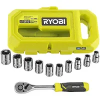 Ryobi - Jeu de 1 clé à 90 dents. 8 douilles (8 à 15 mm) et adaptateur 1/4'' - 3/8'' - Compatible avec LINK - RHRS10PC