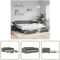 The Living Store Lit de jour extensible avec tiroirs Gris foncé 100x200 cm Tissu