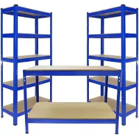 MonsterShop 2 x Rayonnage T-Rax 90cm Bleu & Etabli de Travail Q-Rax Bleu 120 cm Acier Garage