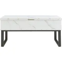 En.casa Table basse 'Rauli' avec 2 plateaux élévateurs et 3 compartiments intérieurs 100 x 50 x 47 cm Table de salon châssis métallique rectangulaire aspect marbre, blanc