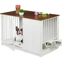 Relaxdays Cage pour chien , pour la maison, dimensions intérieures : 65,5 x 102 x 60 cm, mobilier pour chien, 2 gamelles pivotantes, cage pour chien, MDF et acier, blanc/marron