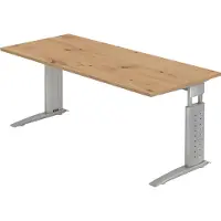 Froschkönig24 Bureau série U | avec goulotte de câbles | Pieds en C | réglable en hauteur, dimensions du plateau : 180 x 80 cm, couleur du plateau : chêne noueux, couleur du piètement : argent