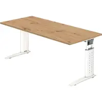 Froschkönig24 Bureau série U | avec goulotte de câbles | Pieds en C | réglable en hauteur, dimensions du plateau : 180 x 80 cm, couleur du plateau : chêne noueux, couleur du piètement : blanc