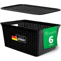 Novaliv Lot de 6 boîtes de rangement avec couvercle Grand panier 14L Noir design rotin Alimentaire Panier de rangement Boîtes empilables Nestbar Plastique BPA-free Caisse de rangement avec couvercle