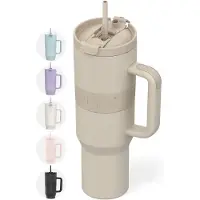 Onyx Bouteille à boire avec paille 1,2 litre - Bouteille d'eau pour enfants et adultes - Tasse thermos - Tasse de voyage - Boire pour la motivation - Tasse à boire pour l'école - Beige