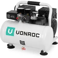 Vonroc PRO Compresseur silencieux - Sans huile - 750W - 1HP - 128 l/min. - 6 Litres - 8 Bar - 57,5dB(A) - Silencieux - Faible niveau sonore - Blanc