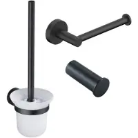 FortiFura Calvi Ensemble de toilettes 3 pièces - porte-rouleau sans couvercle - brosse de toilettes - crochet porte-serviette simple rond - noir mat SW639936 SW639935 SW1211586