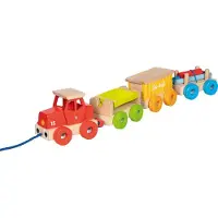 Goki 55841 Train de marchandises GK-Rail - grand train de jeu en bois avec locomotive, 3 wagons et chargement, à charger et à tirer, longueur env. 55 cm