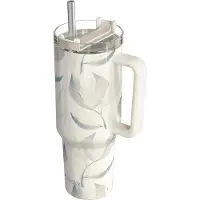 Quokka Gobelet Isotherme 1200 Ml Avec Paille Au Décor Feuillage Coton Blanc