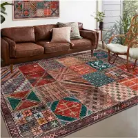 OEM Tapis en non-tissé – À poils courts – Motif patchwork multicolore de style vintage – 120 x 160 cm – Salon – Chambre – Salle à manger – Cuisine